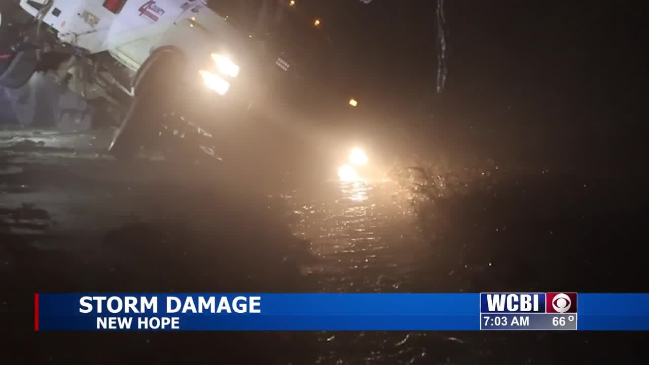Storm Damage in New Hope Knocks Out Power; 4 County Electric Truck Temporarily Stuck